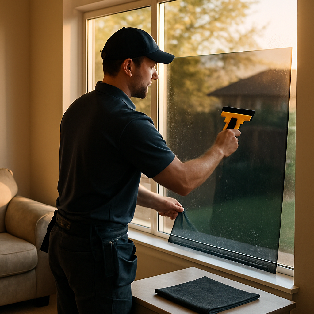 Professional installer applying ceramic window film to a large living room window with warm late-afternoon sun, showing technician with squeegee and clean work area, photo realistic