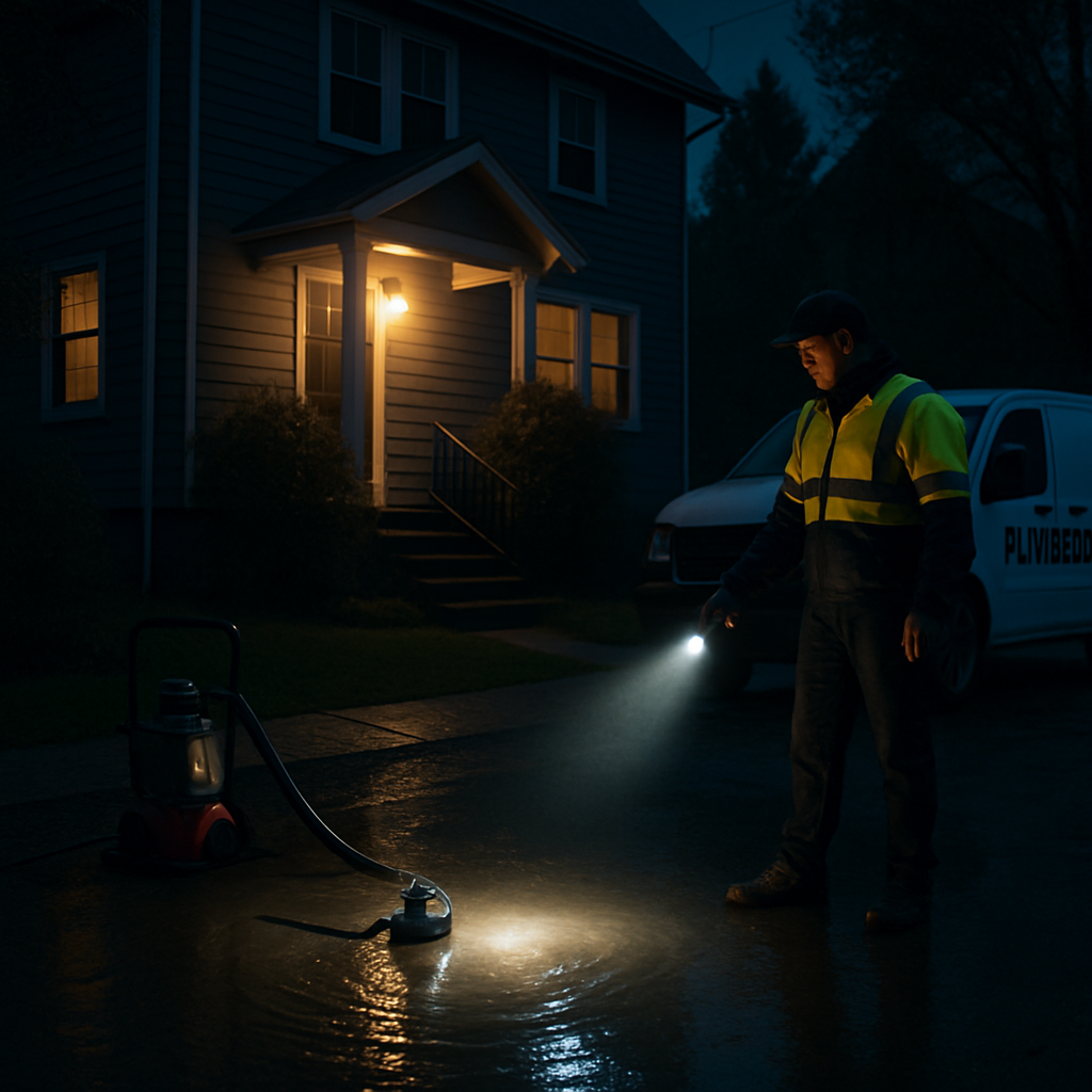 Nighttime scene of a licensed plumber in reflective jacket arriving at a residential Portland home with a crew van, portable pump running, flashlight beam on water pooling in a basement, realistic photo