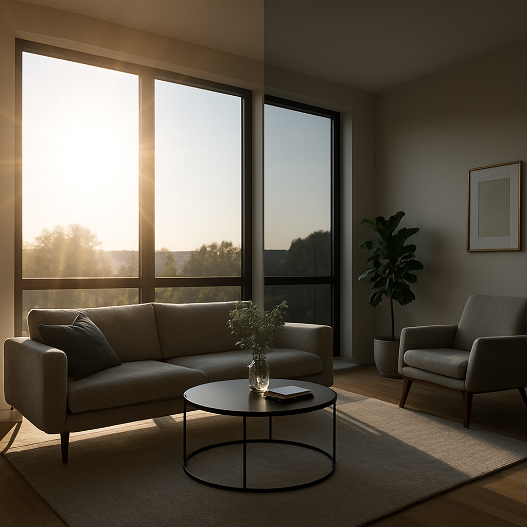 Photo realistic image of a modern living room with large west-facing windows; one half shows bright sun glare and the other half after home window tinting with noticeably reduced glare and more even interior lighting; professional mood