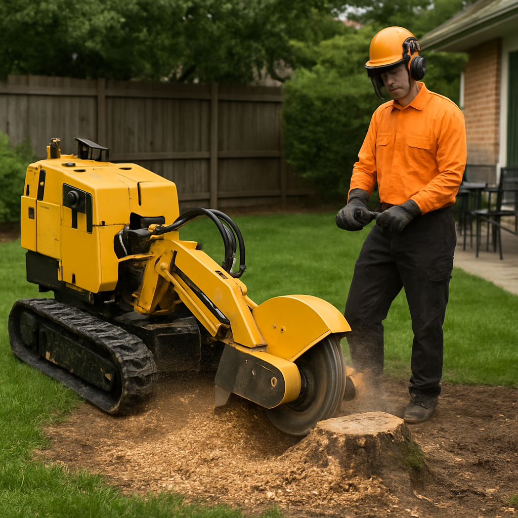 Photo realistic image of a professional stump grinding operation in a suburban backyard: a compact Vermeer stump grinder chipping a medium-sized stump, operator with ANSI safety gear, wood chips accumulating, nearby lawn and a patio visible; professional, neutral lighting