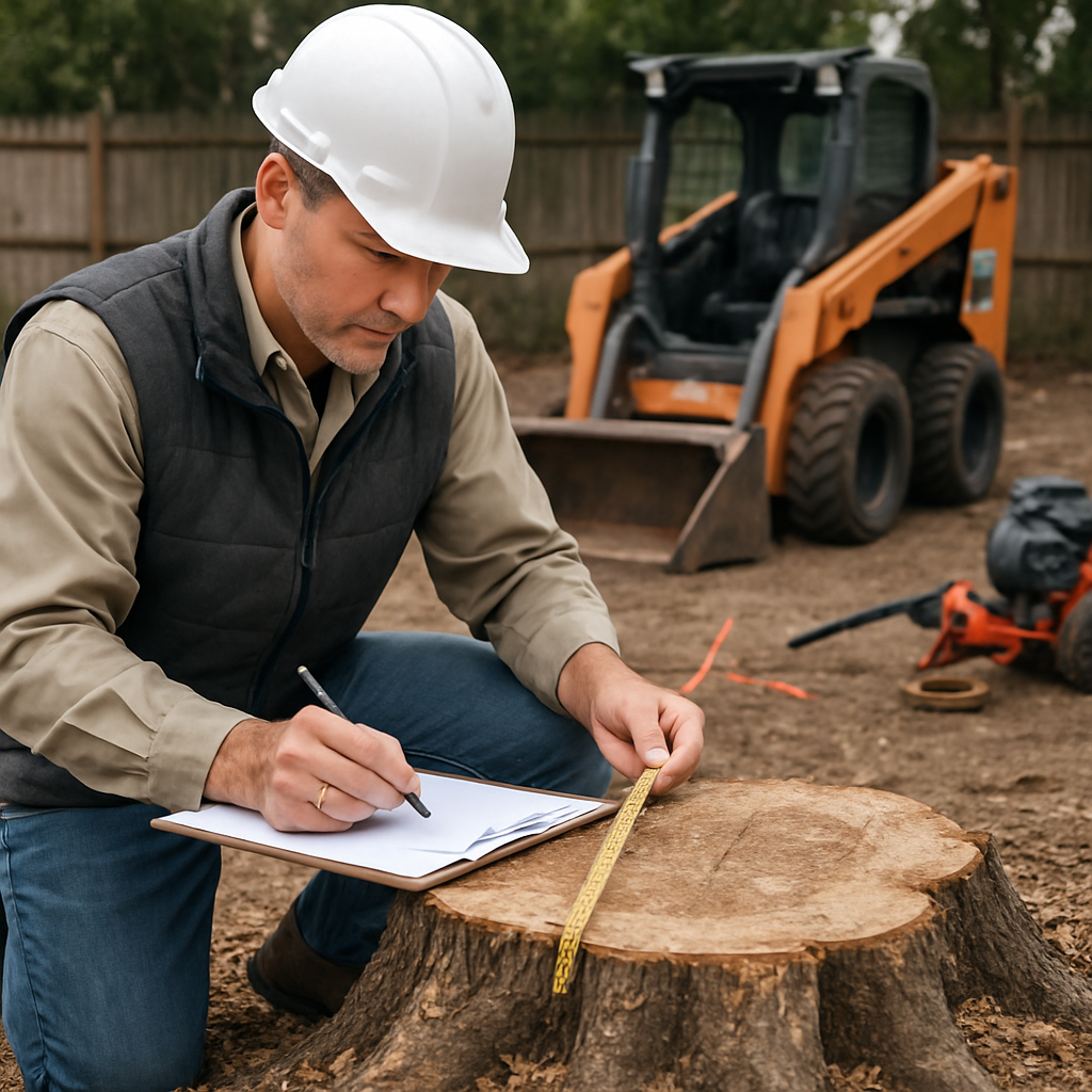 Photo realistic image of a contractor preparing a detailed stump removal quote on-site: measuring tape on a stump, contractor marking access points, small skid-steer and hand-held grinder visible in background; professional, neutral lighting