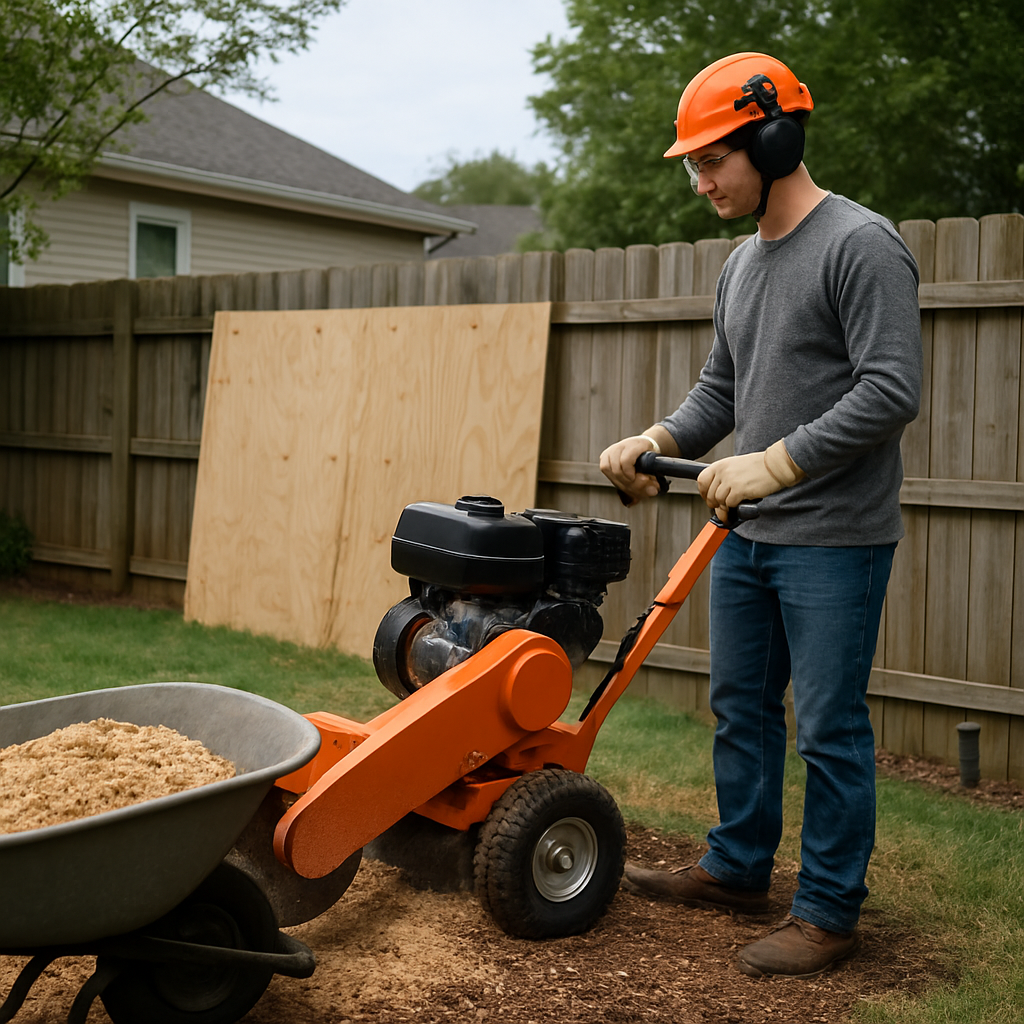 Photo realistic image of a homeowner operating a rented compact stump grinder in a suburban backyard, operator wearing ANSI safety gear, plywood protecting a nearby fence and irrigation head, wood chips accumulating in a wheelbarrow; professional, neutral lighting
