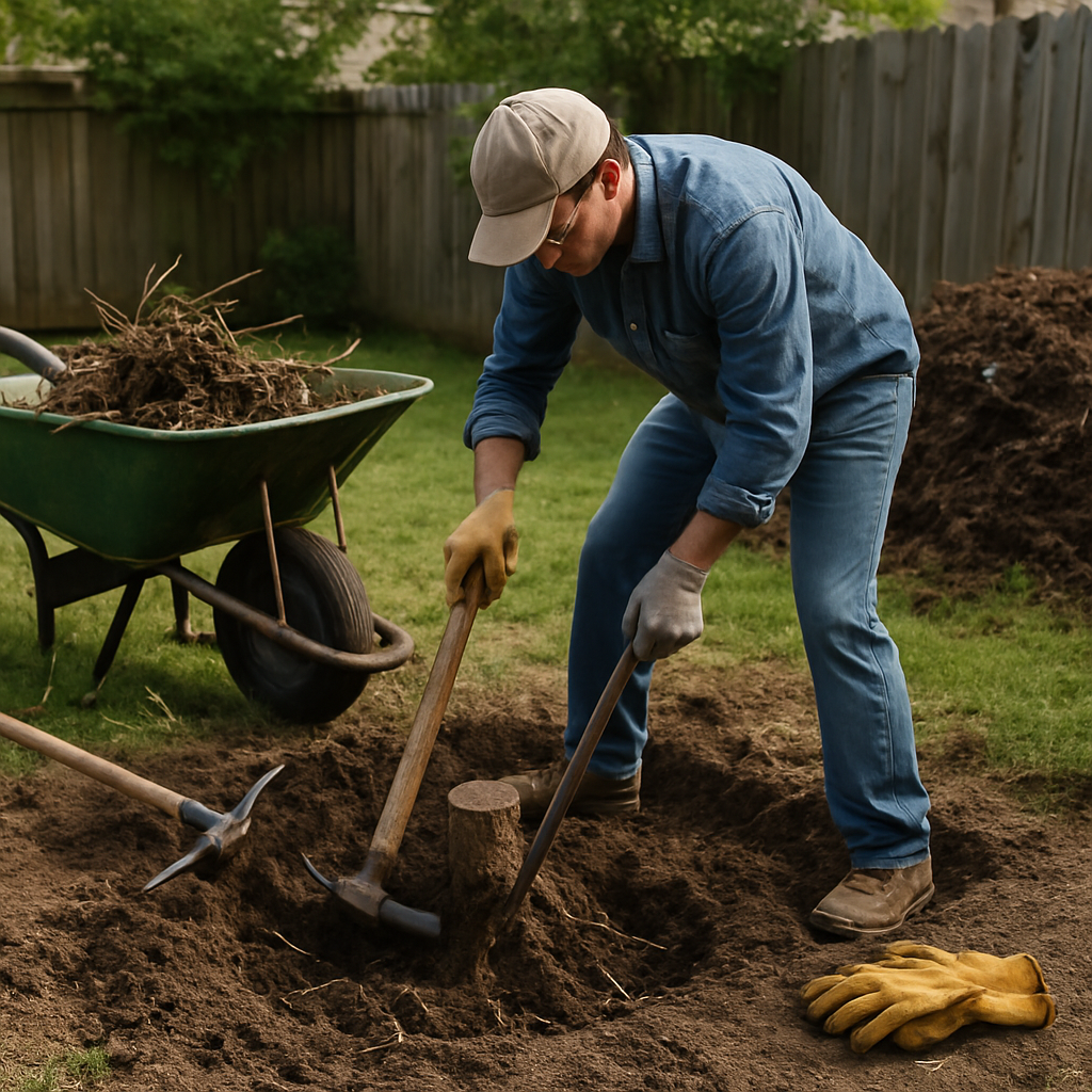 Photo realistic image of a homeowner performing manual stump excavation in a suburban backyard: person digging around a small stump with a mattock and pry bar, wheelbarrow with roots, nearby compost pile and protective gloves laid out; professional, neutral lighting