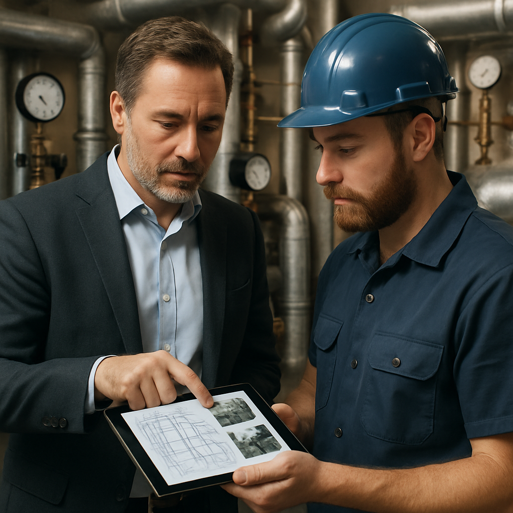 Photo realistic image of a facility manager and a commercial plumber in a mechanical room reviewing a tablet with riser diagrams and photos; visible pipes, meters, and labeled fixture counts; professional, analytical mood