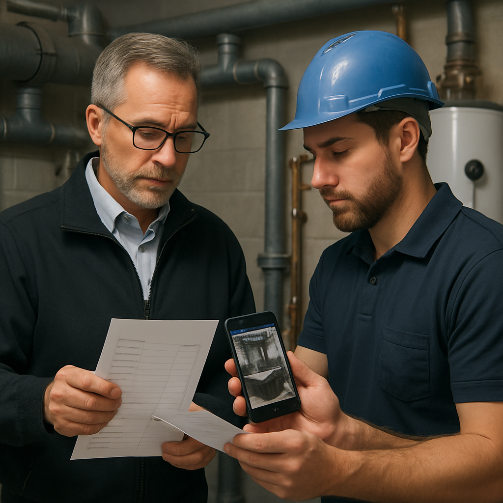 Photo realistic image of a facility manager and a commercial plumber on site reviewing a printed checklist and smartphone photos of a mechanical room; visible grease interceptor components and a commercial water heater in background; professional, analytical mood