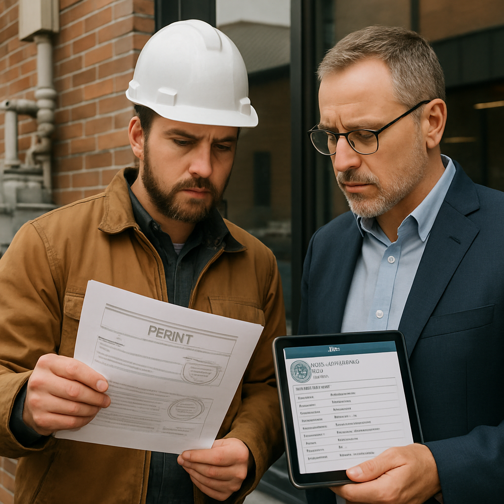 Photo realistic image of a contractor and facility manager outside a Portland commercial building reviewing a printed permit with stamped approvals and a tablet showing the City of Portland BDS permit record; pipes and a utility meter visible in background; professional, analytical mood