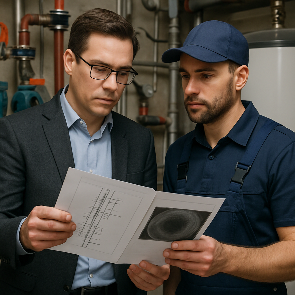 Photo realistic image of a facility manager reviewing a printed as-built riser and CCTV sewer report with a commercial plumber in a mechanical room; visible labeled valves, pumps, and a commercial water heater; professional, analytical mood