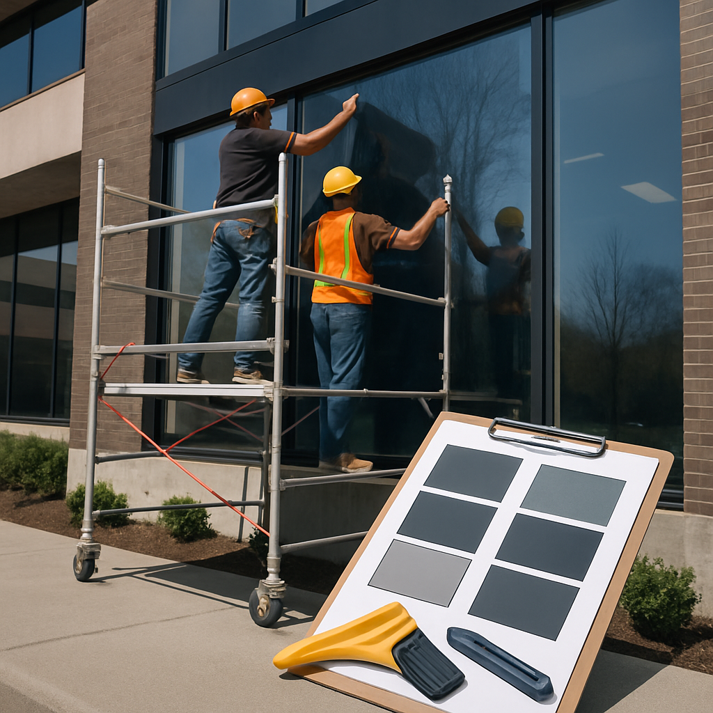 Professional photo of a commercial office facade in Portland showing workers applying window film to a large west-facing glazing panel using scaffolding; clear focus on film application tools and labeled sample swatches on a clipboard