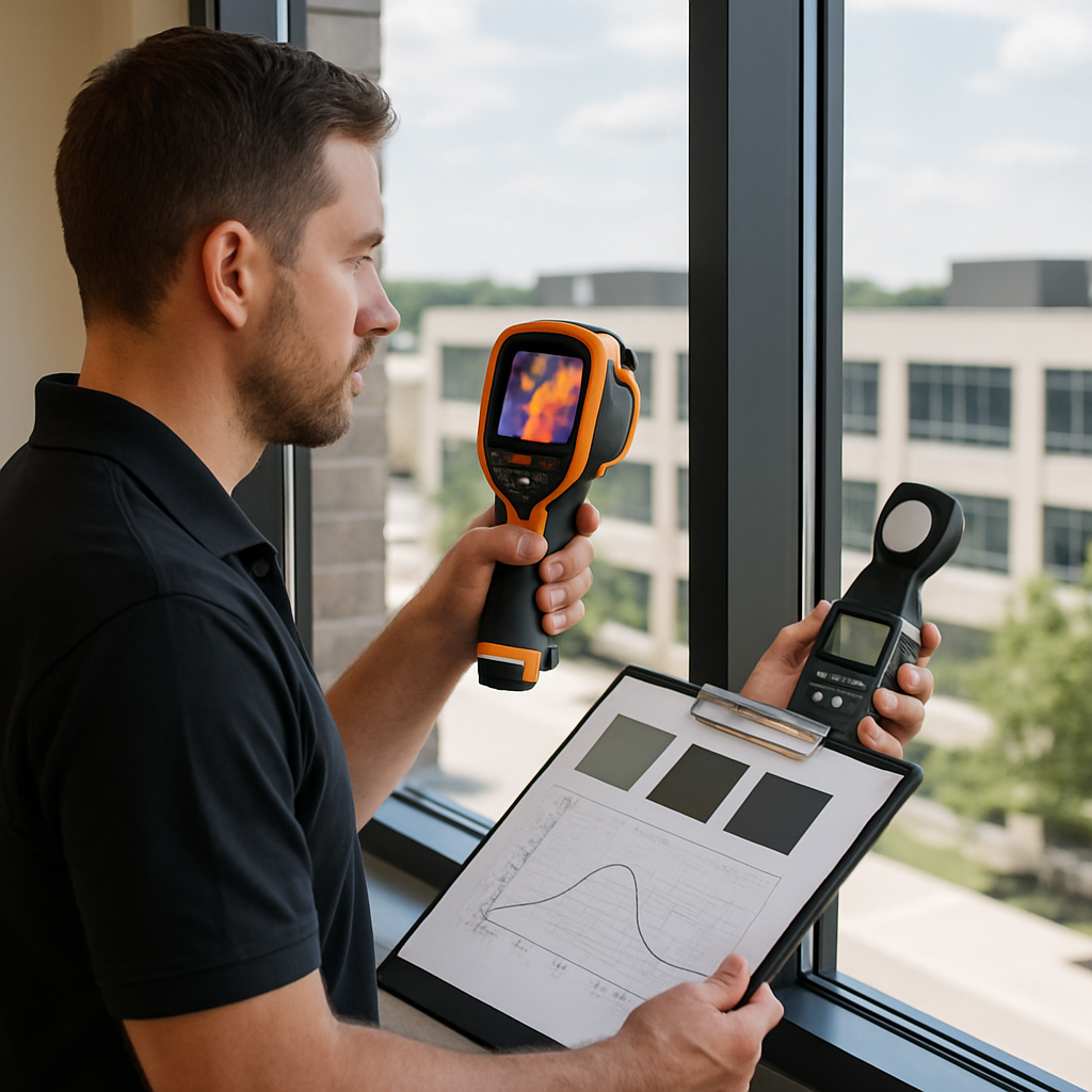 Photo realistic image of a technician performing a thermal camera scan and a daylight meter reading on a commercial office window during a window film pilot install; include labeled film sample swatches and a printed spectral curve on a clipboard, professional mood