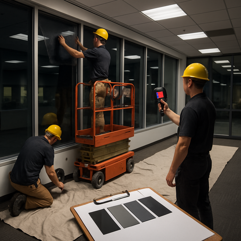 Photo realistic image of a nighttime commercial office installation with a small crew applying interior window film using a scissor lift and protective floor coverings, labeled film swatches on a clipboard, and a technician taking thermal images; professional mood