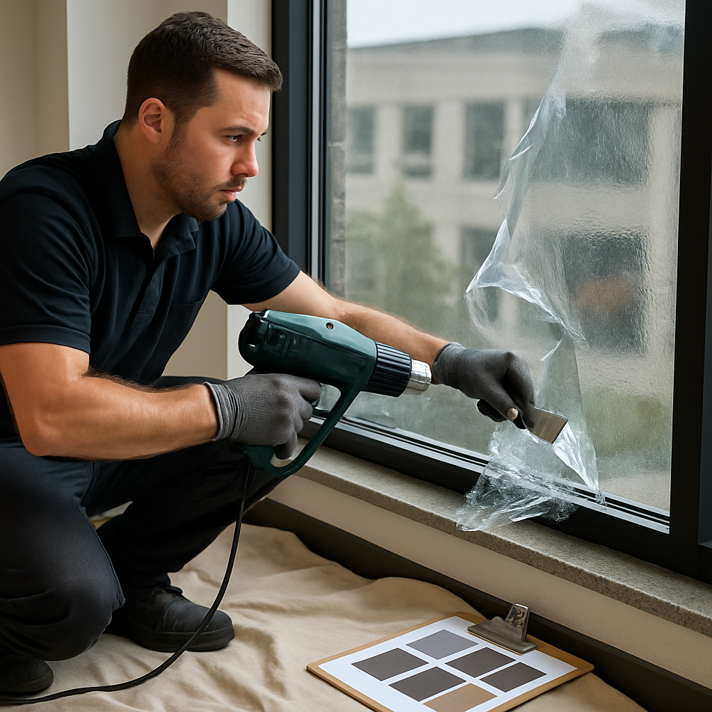 Photo realistic image of a technician carefully removing commercial window film from an office pane using a heat gun and scraper with protective floor coverings and labeled sample swatches on a clipboard; professional mood