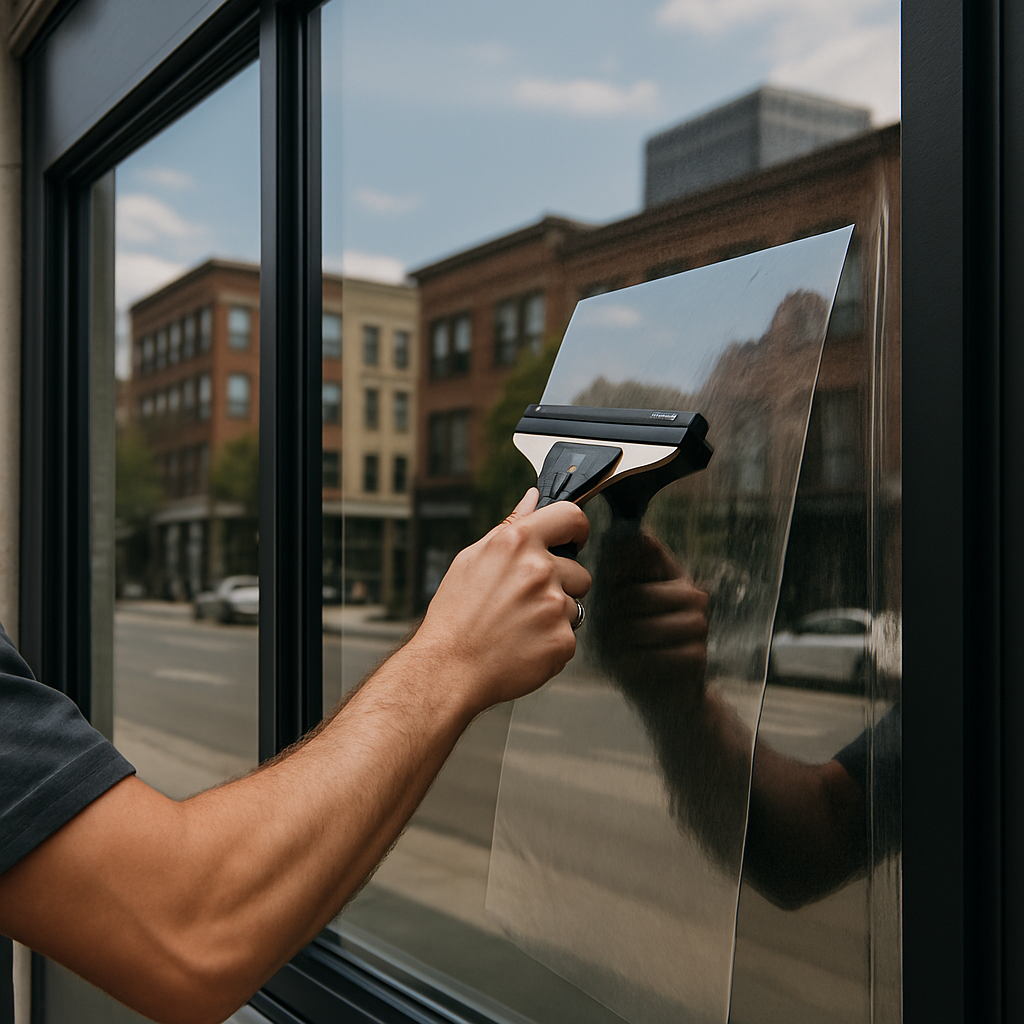 Close-up photo realistic image of a commercial storefront after installation of spectrally selective heat reflective window film, showing reduced glare and an installer applying film with squeegee, daytime urban background, professional mood