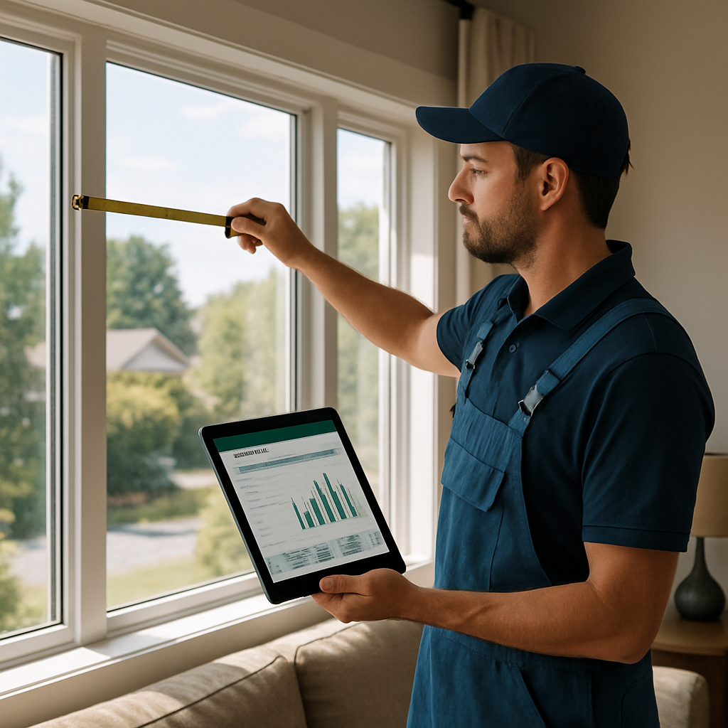 Photo realistic image of an installer on site measuring west-facing living room windows with a tape and tablet showing a savings spreadsheet; daylight visible outside, professional mood