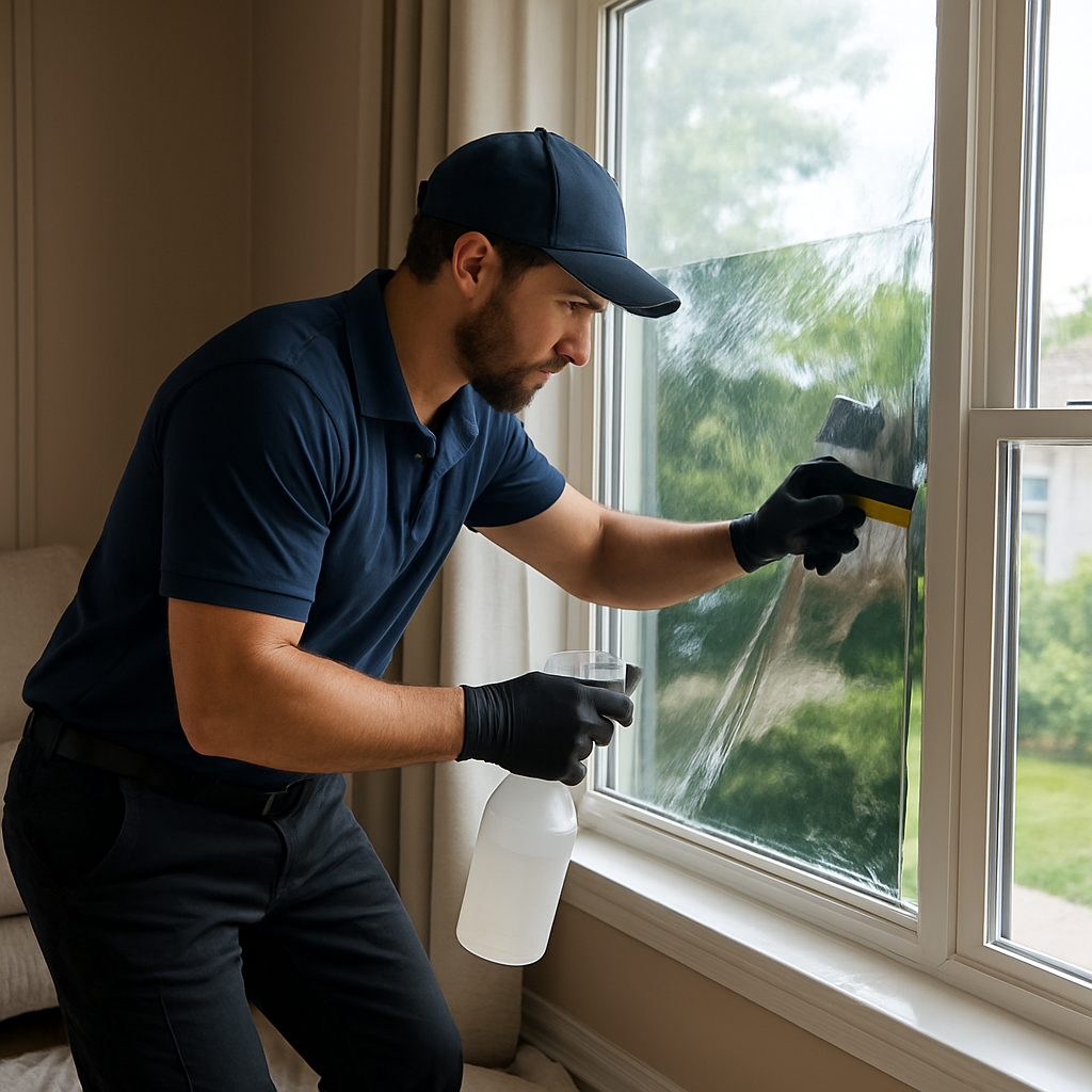 Photo realistic image of a professional installer applying heat reflective window film to a residential living room window using a squeegee and spray bottle, floor protected with drop cloths, daylight visible outside, professional mood