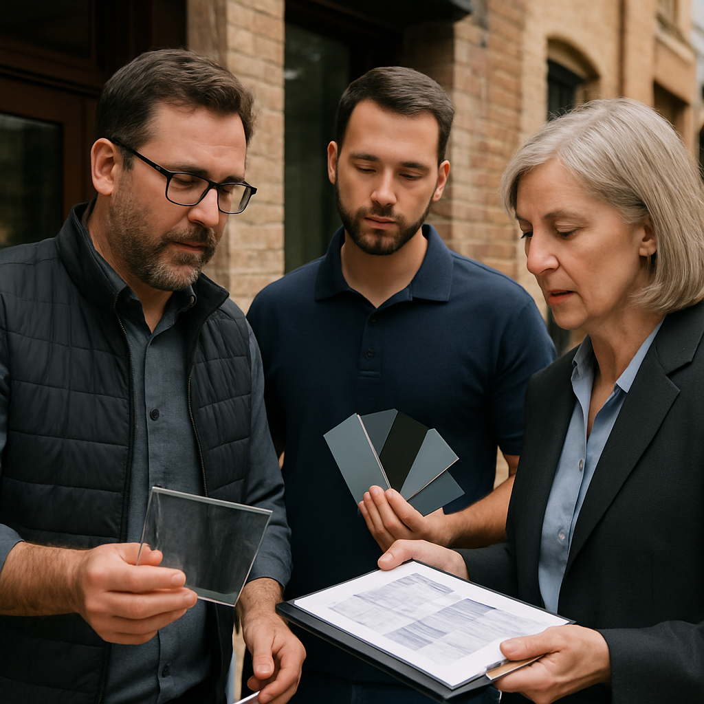 Photo realistic image of a storefront owner and a window film installer presenting film samples and datasheets to a historic preservation board member outdoors, daytime, professional mood