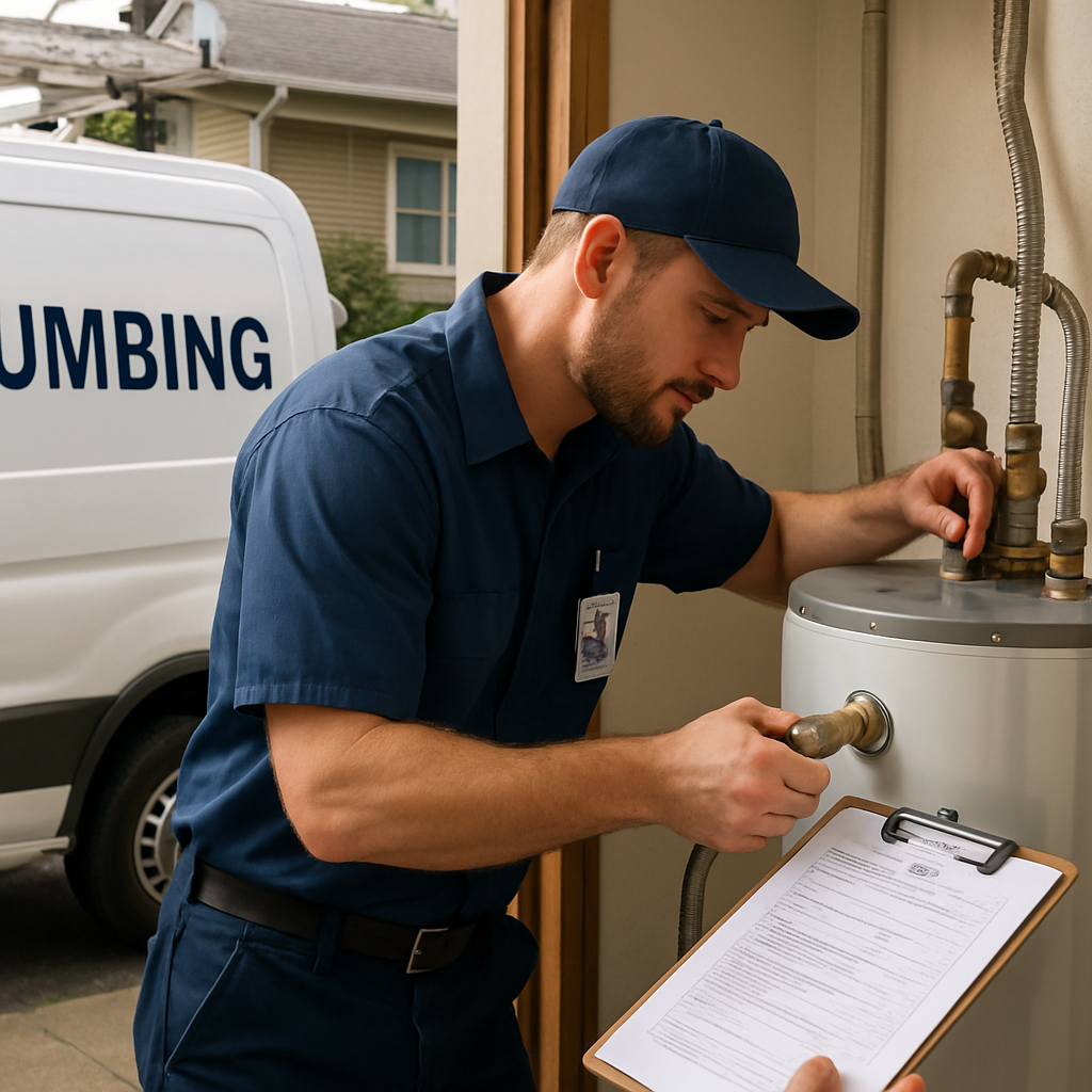 Photo realistic image of a licensed Portland plumber in a branded van working on a water heater in a bungalow, technician wearing visible ID, permit paperwork on clipboard, urban Portland home in background