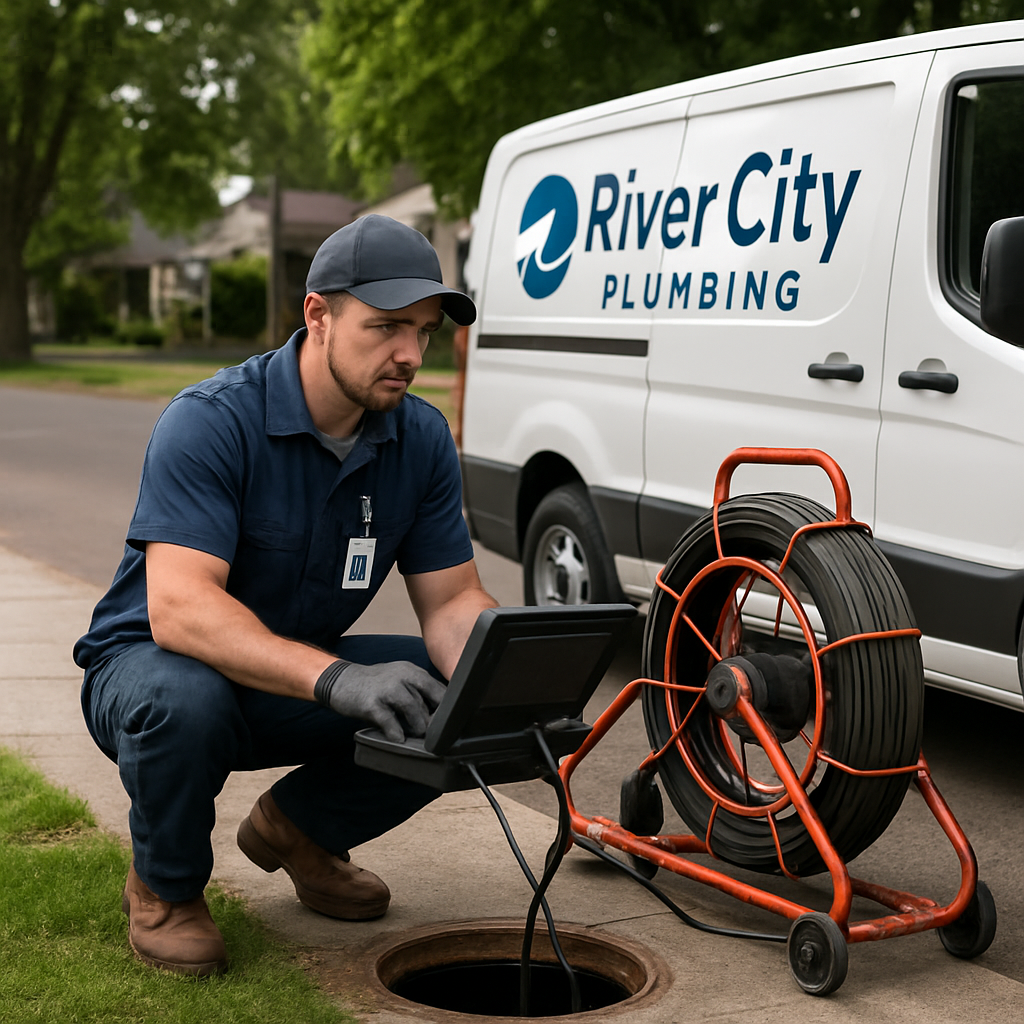 Photo realistic image of a licensed Portland plumber performing a camera sewer inspection beside a branded River City Plumbing van on a residential Portland street, technician wearing visible company ID and using a portable monitor, professional mood