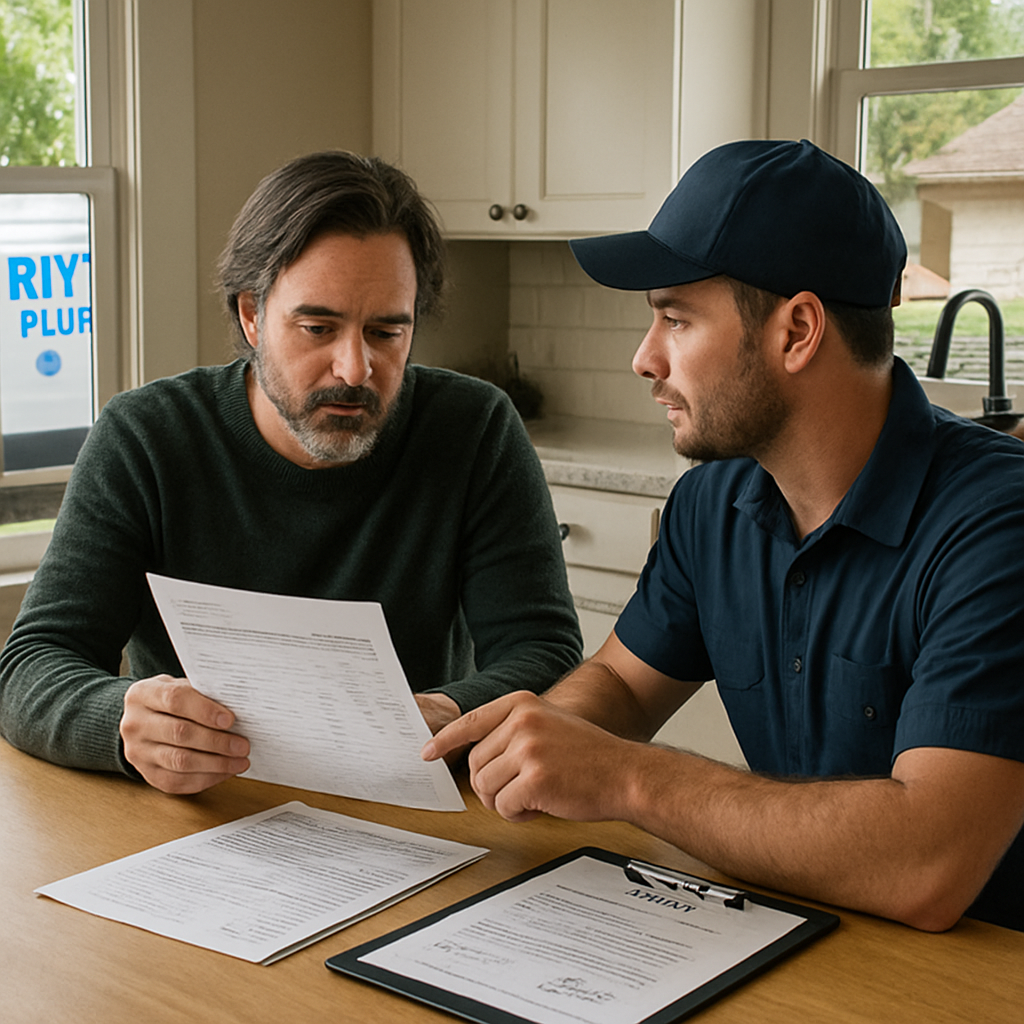 Photo realistic image of a Portland homeowner reviewing an itemized plumbing estimate with a licensed plumber at the kitchen table; visible permit document on clipboard, a branded River City Plumbing van outside through the window, professional mood