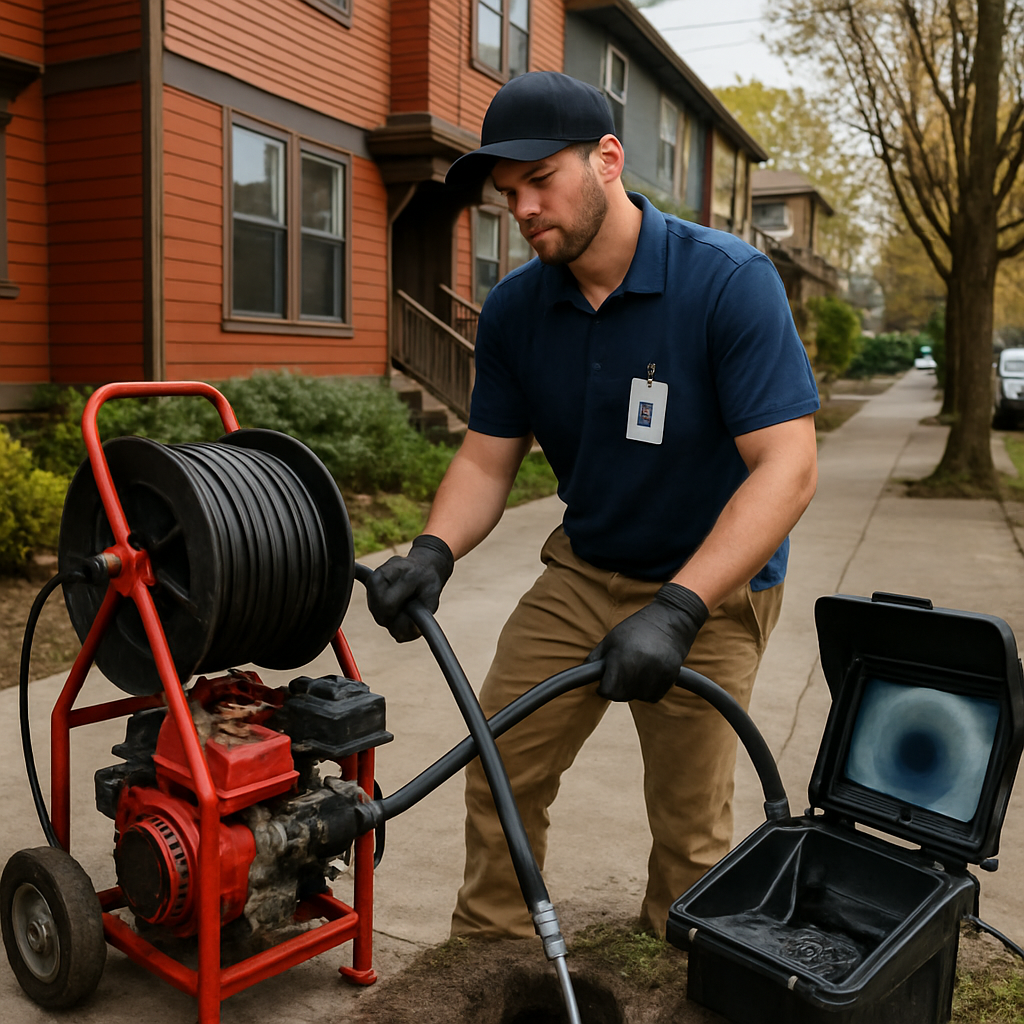 Photo realistic image of a River City Plumbing technician operating a hydro jetting machine outside a multi-family Portland building, technician wearing visible company ID, portable camera monitor showing pipe footage, residential Portland street in background