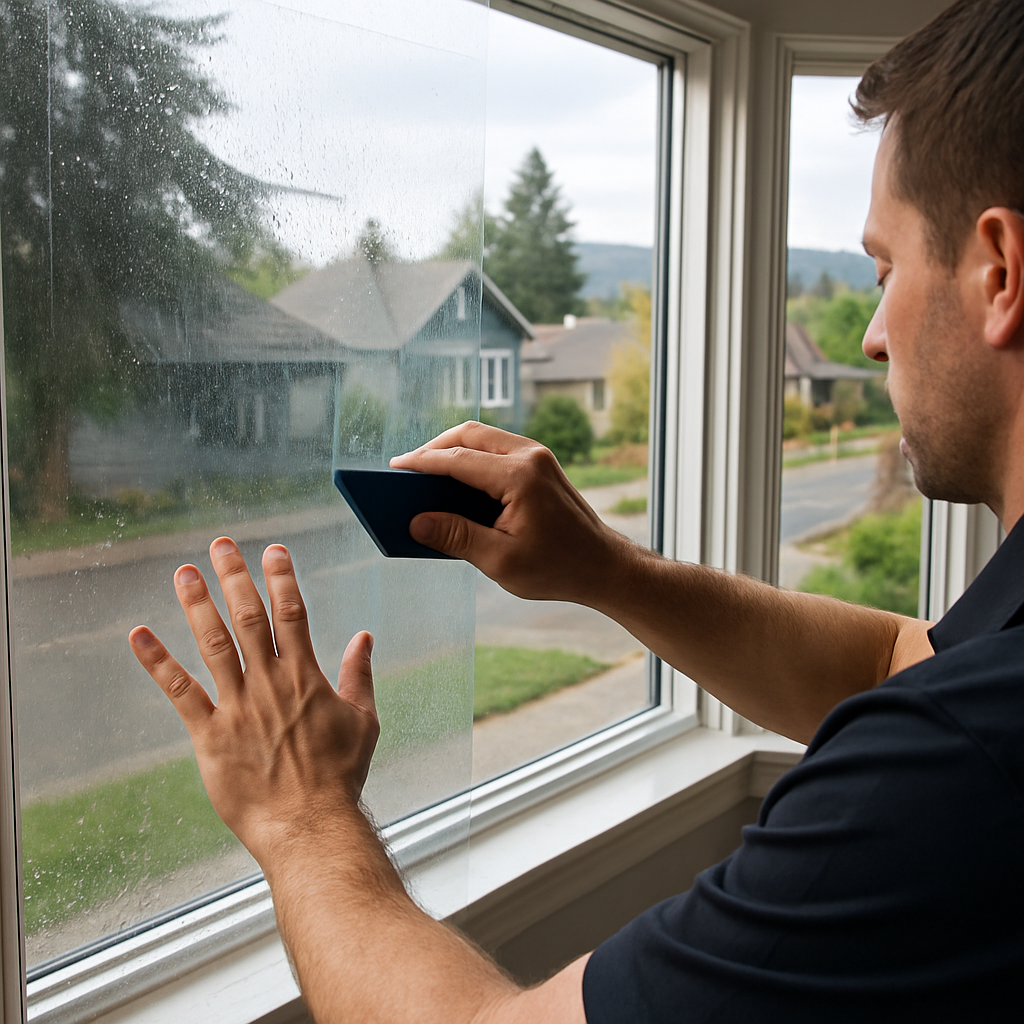 Professional installer applying ceramic window film to a large residential bay window during daytime; close-up on hands smoothing film with squeegee, visible outside Portland neighborhood, natural light, photo realistic