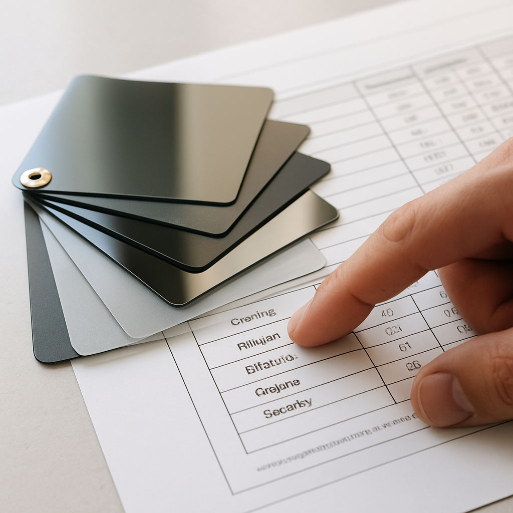 Fanned sample swatches of ceramic, multilayer, reflective, frosted, and security window films on a datasheet, with an installer's hand pointing at a product name; daylight, photo realistic, professional