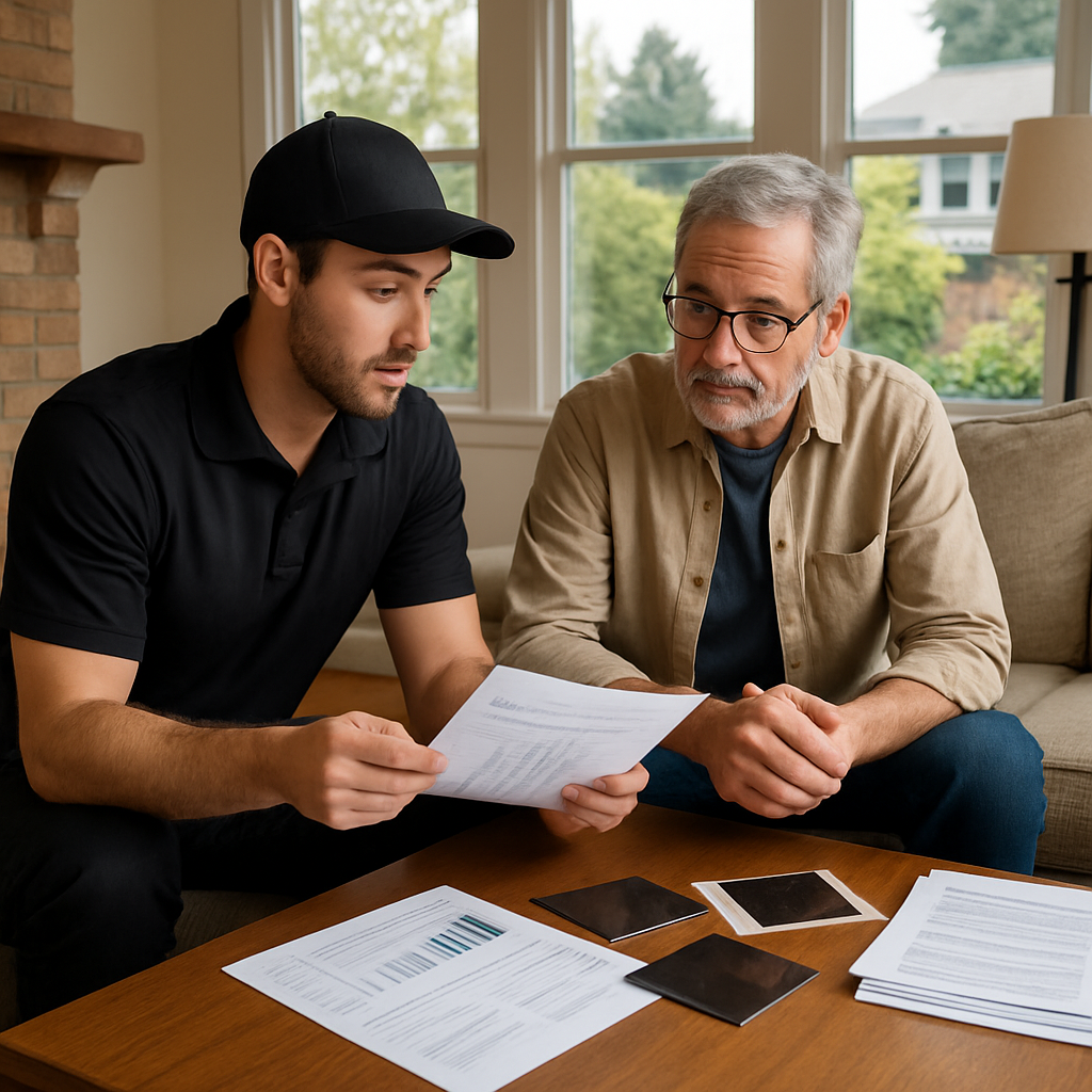 Professional installer reviewing film cost and energy savings calculations onsite with a homeowner in a Portland living room; sample swatches and datasheets on a table, natural daylight, photo realistic