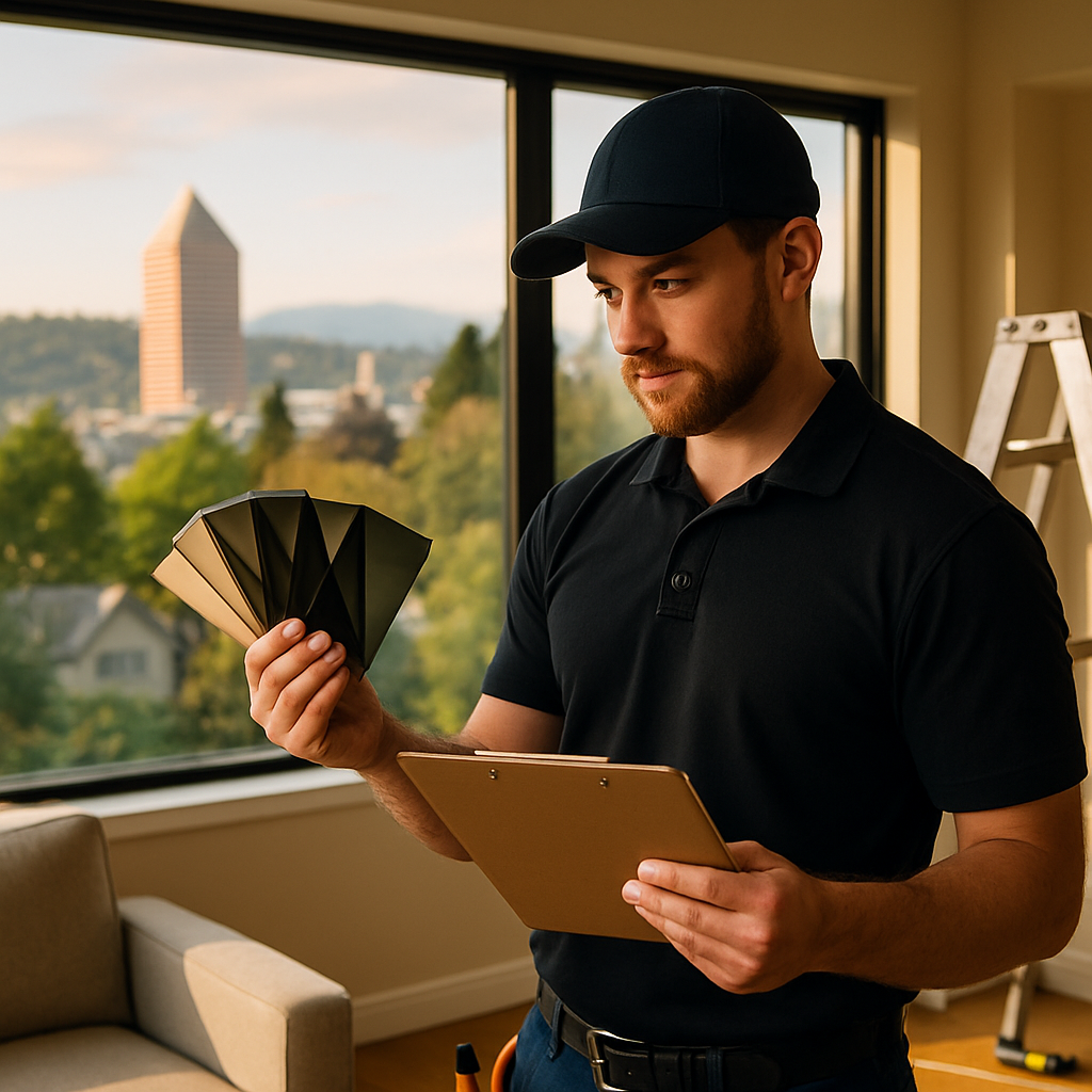 Professional window film installer at a Portland residential site holding a contractor scorecard and fanned film swatches against a large living room window at late afternoon sun; tools and ladder visible, photo realistic