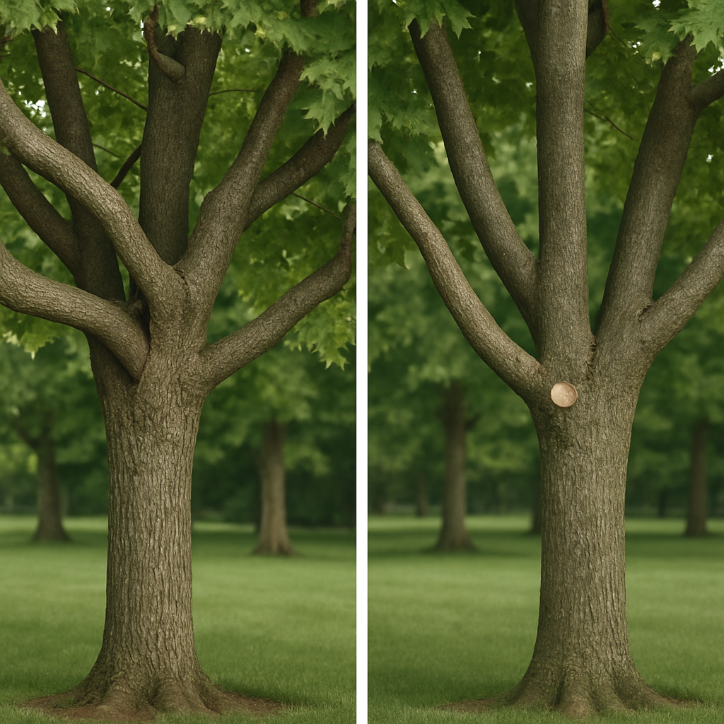 Before-and-after photo of a sugar maple showing crossing branches with included bark before pruning and a clean scaffold after structural pruning; show branch collar preservation and three-cut method finish; photo realistic, professional mood