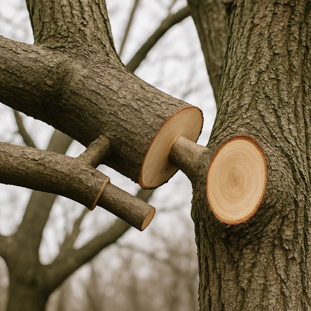 Demonstration photo of the three-cut method on a large limb: show the undercut location, relief cut position, and final finish cut at the branch collar on a mature deciduous tree; include close-up of branch collar and lateral selection, photo realistic, professional