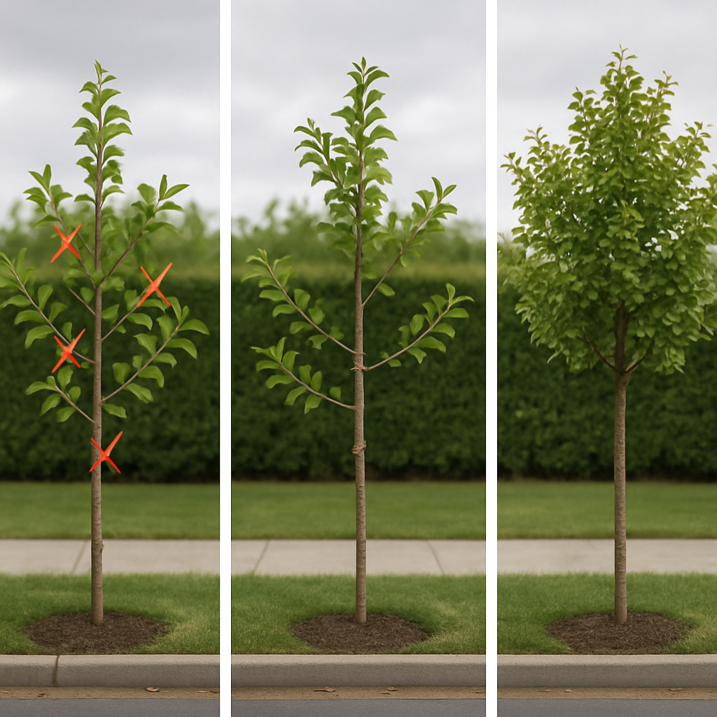 Photo realistic image of a young street tree staged over three years: year 1 with leader selected and competing shoots marked for removal, year 2 showing scaffold branches spaced and tied, year 3 showing clean trunk and balanced canopy; include visible pruning cuts that are small and collar-preserving; professional mood
