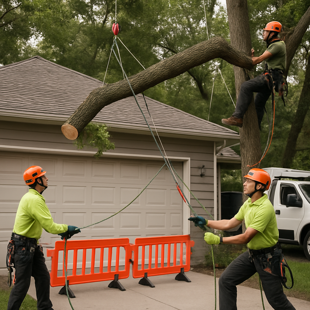 Photo realistic image of a certified arborist team performing a staged limb removal over a garage using rope-and-pulley rigging, crew wearing helmets and harnesses, visible barriers and a parked work truck with signage; professional mood