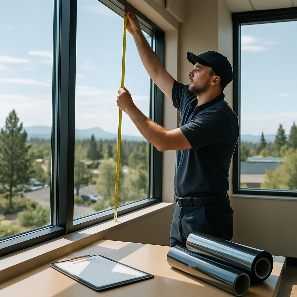 A professional installer measuring large west-facing office windows on a sunny day in Bend, Oregon, with a clipboard and sample rolls of solar window film nearby, photo realistic, professional mood