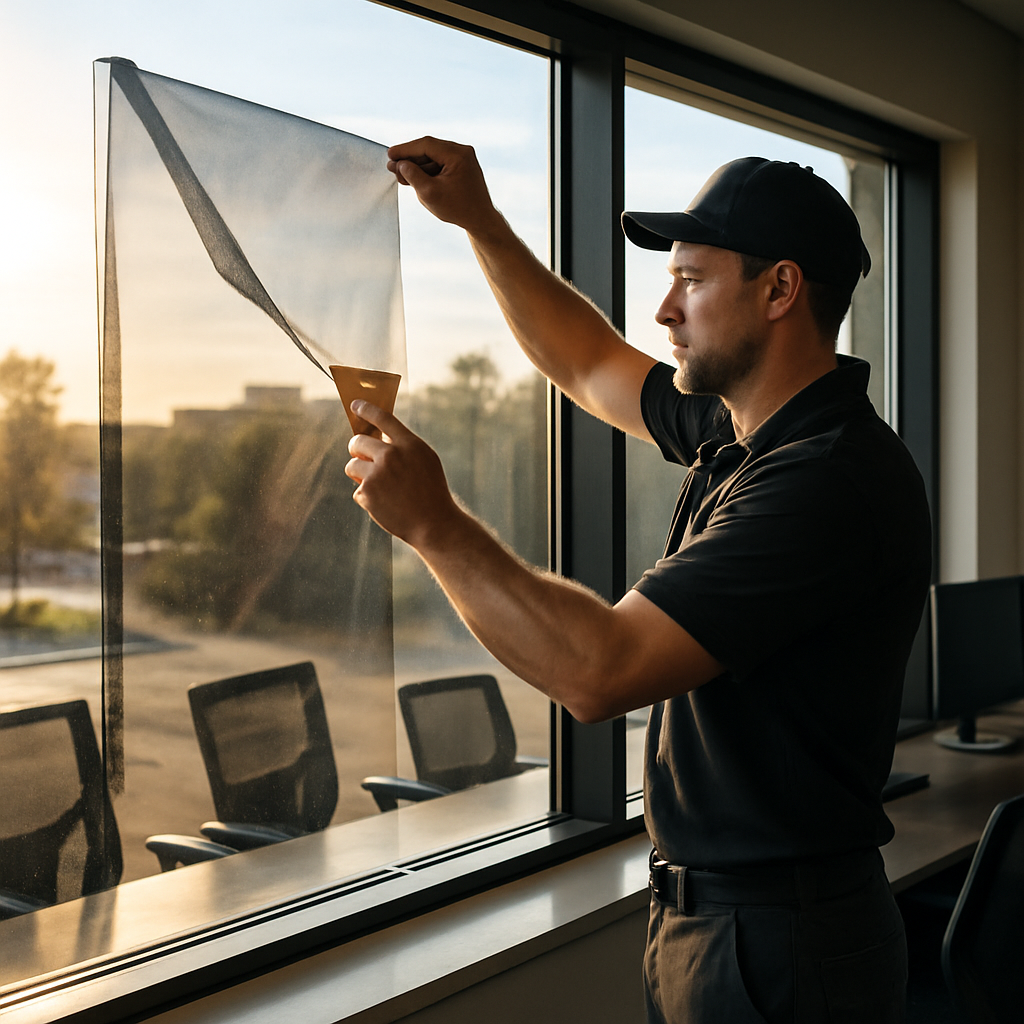 Photorealistic image of a professional installer applying a non-reflective spectrally selective window film to a large office conference room window during afternoon sun, with computer monitors and chairs visible, professional mood