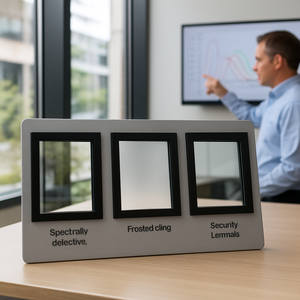 Photo realistic image of three window sample panes on a mounting board labeled spectrally selective, frosted static-cling, and security laminate, shown in natural daylight inside a modern office with a technician pointing at spectral charts, professional mood