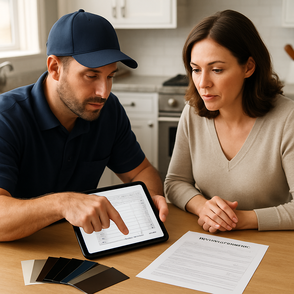 Photo realistic image of a professional installer sitting at a kitchen table with a homeowner, pointing at a tablet that shows a line-item estimate for window film, sample film swatches fanned out, and a printed rebate application form, natural daylight, professional mood