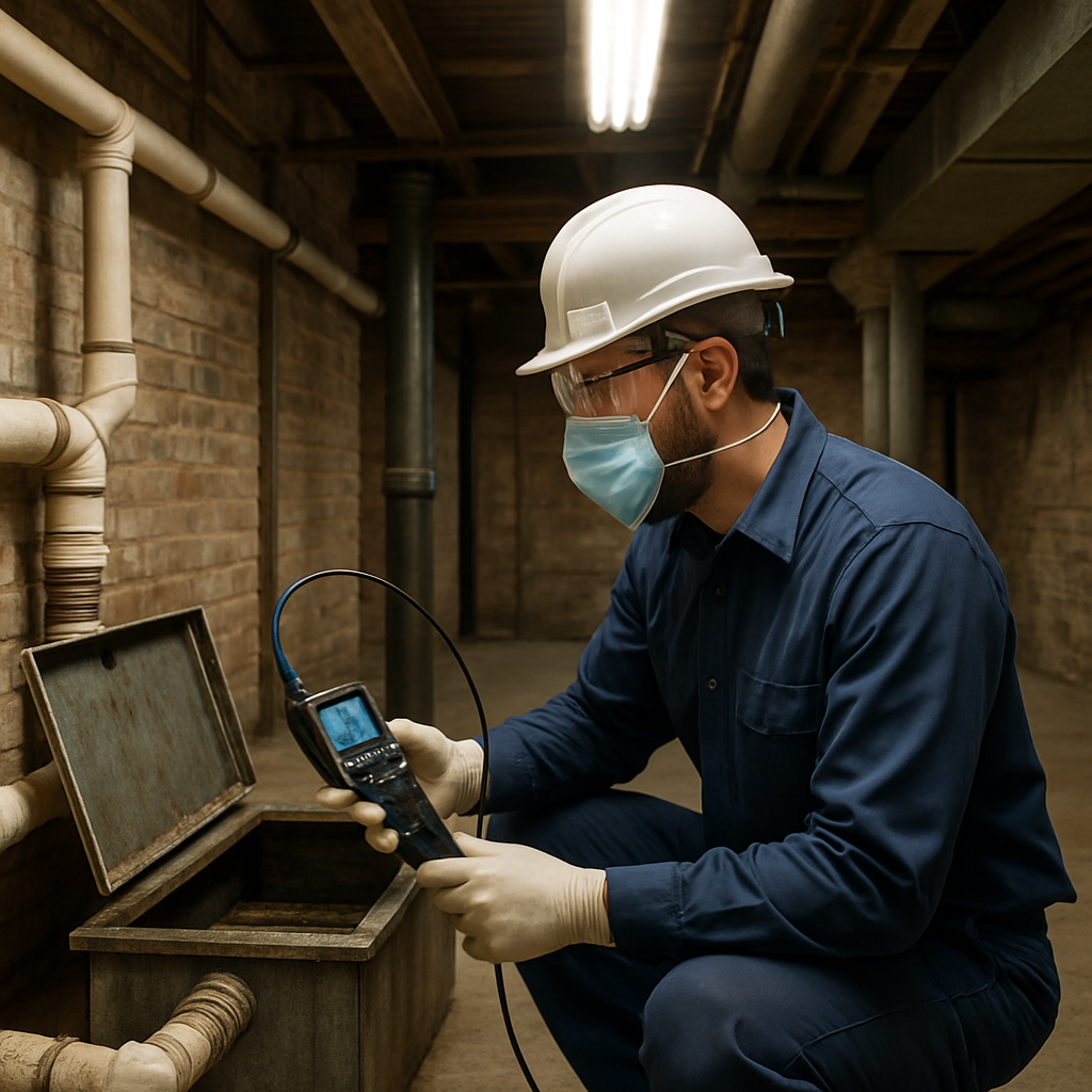 Photo realistic image of a commercial plumber inspecting a grease interceptor in a Portland restaurant basement, technician in company uniform using a camera and wearing PPE, visible building materials typical of older Portland structures, fluorescent basement lighting, professional mood