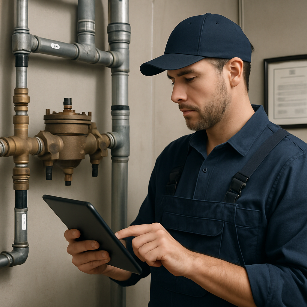 Photo realistic image of a licensed commercial plumber in Portland submitting backflow test paperwork on a tablet next to a mounted RPZ backflow preventer, utility room with labeled pipes and permit documents visible, professional mood