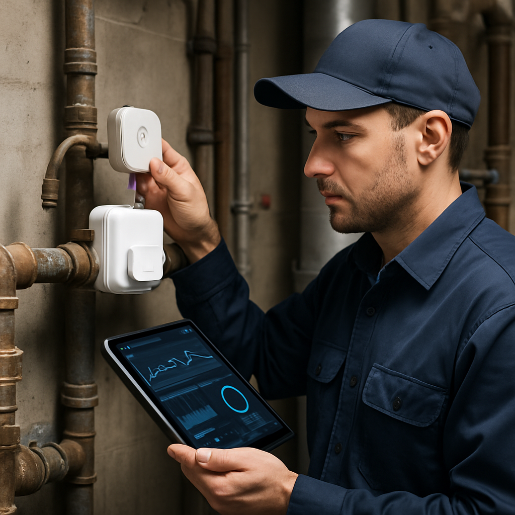 Photo realistic image of a commercial plumber installing a smart water meter and leak sensor in a Portland mixed-use building mechanical room, technician in uniform with tablet displaying analytics, professional mood