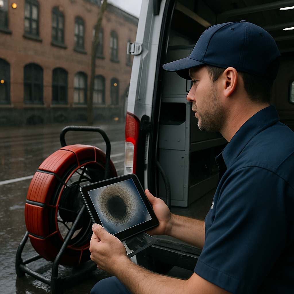 Photo realistic image of a River City Plumbing technician performing a sewer camera inspection from a van on a rainy Portland street, technician in company uniform with tablet showing live video, wet pavement, older brick commercial building in background, professional mood
