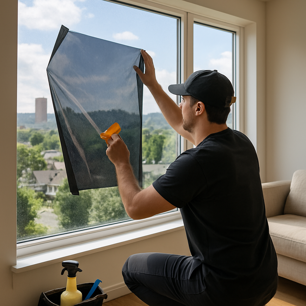 Installer applying ceramic window tint film to a large west-facing living room window in Portland, natural daylight visible, professional tools, clean interior, photo realistic