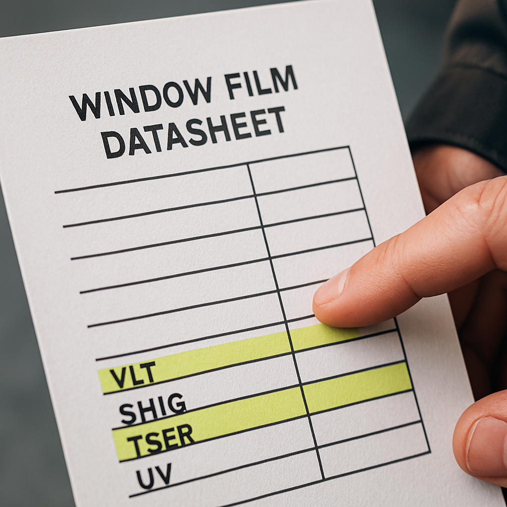 Close-up of a printed window film datasheet with highlighted VLT, SHGC, TSER and UV rows, and an installer pointing at the numbers, photo realistic, professional