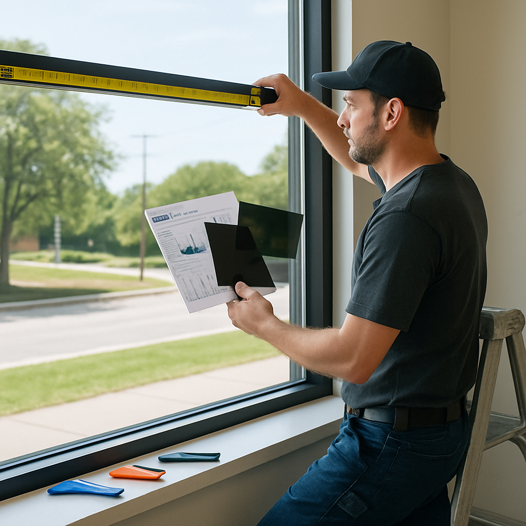 Photorealistic image of an installer on a ladder measuring a large west-facing storefront window while holding a printed ROI worksheet and film sample, professional tools on the sill, clear daylight, organized worksite, photo realistic
