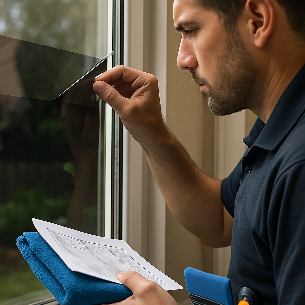 Close-up of a technician inspecting edge lifting on adhesive window tint film in a residential setting, carrying a microfiber cloth and datasheet, professional tools visible, photo realistic