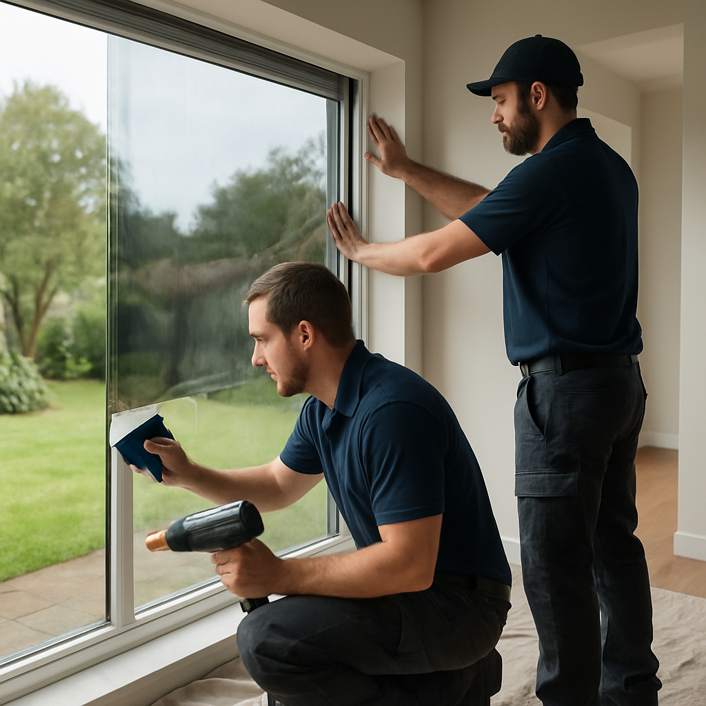 Professional installer applying interior solar control film to a large living room window using a squeegee and heat gun, two-person crew, protective floor covering visible