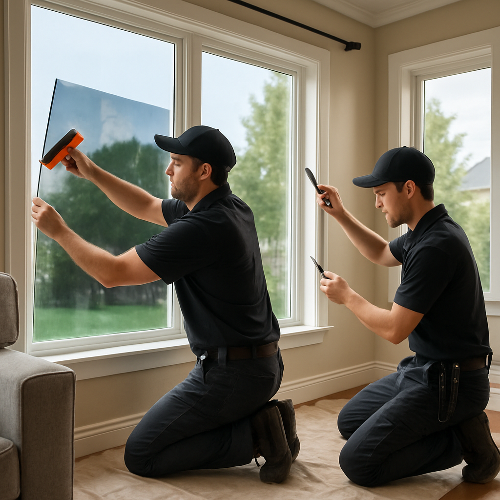 Two professional window tint installers working in a residential living room: one applying film with a squeegee, the other trimming edges with a utility knife; floor protection visible, daylight through windows, photo realistic