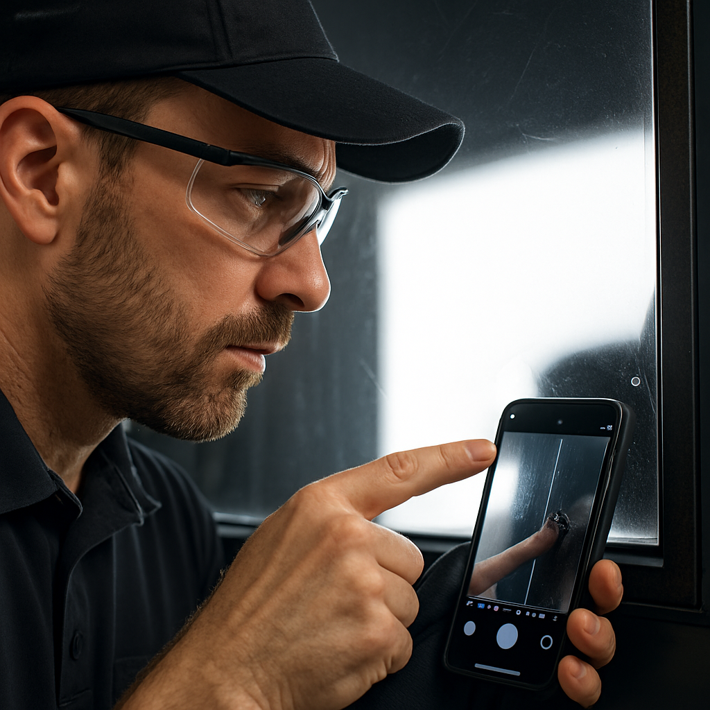 Technician inspecting window film at close range with a backlight, taking time-stamped photos on a smartphone while pointing to a small bubble near the edge; professional, photo realistic