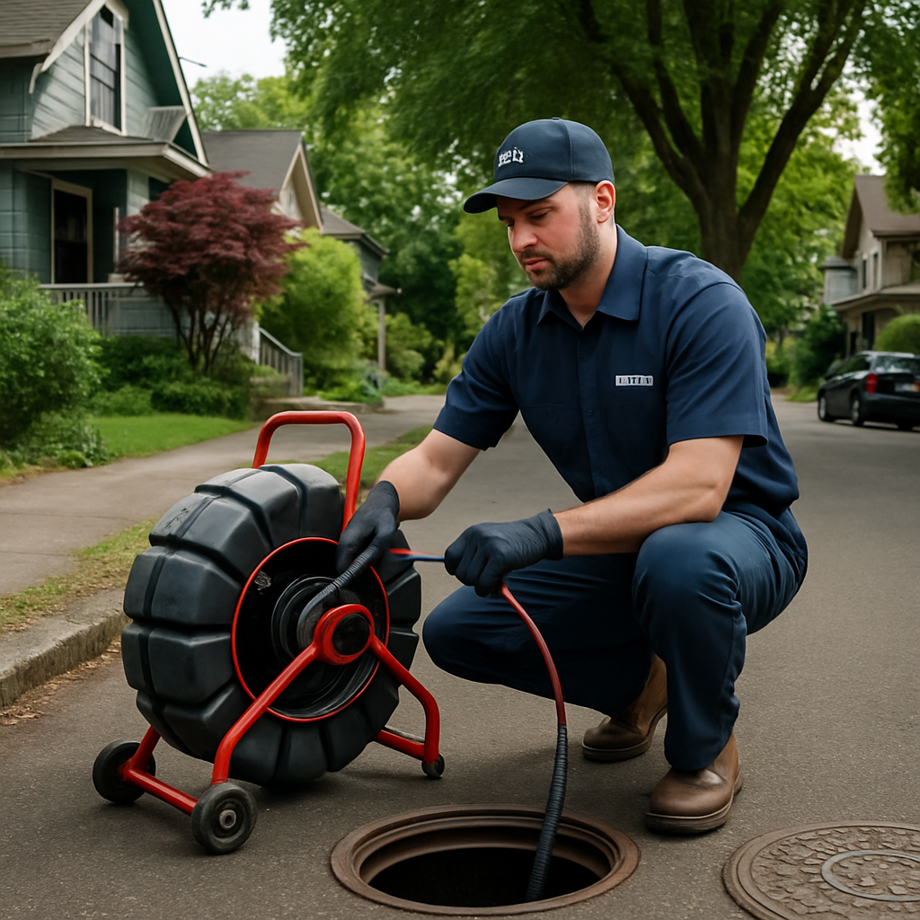 Photo realistic image of a Portland neighborhood street with a plumber using a sewer camera inspection reel beside a marked utility cover, technician wearing identifiable company uniform, professional mood