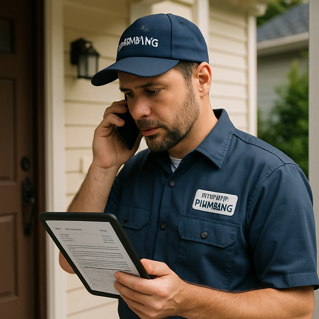 Photo realistic image of a Portland plumber on a phone call at a residential front porch, holding a tablet that displays a written estimate and a CCB license lookup, technician wearing a clearly marked company uniform, professional mood