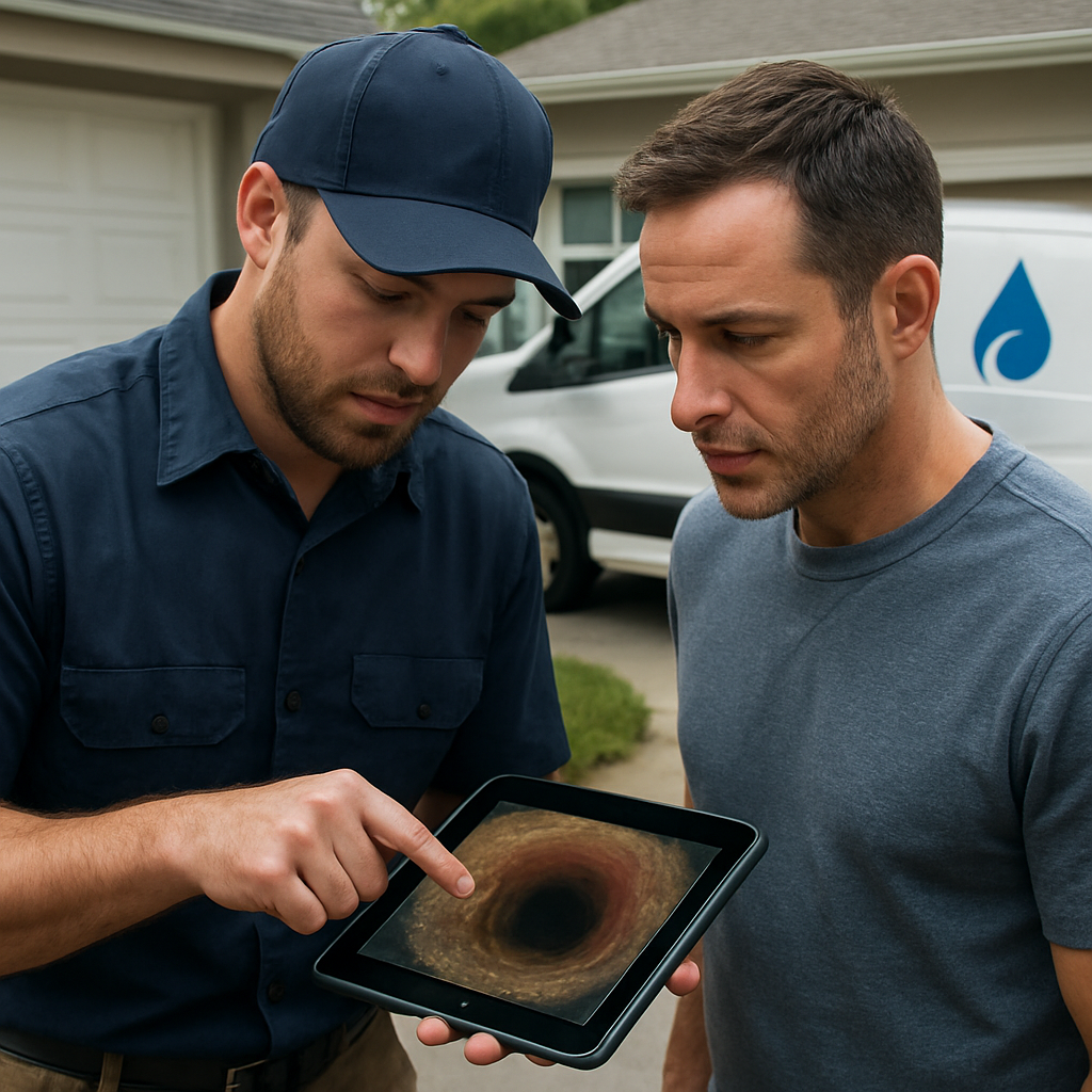 Photo realistic image of a Portland plumber showing a homeowner timestamped sewer camera footage on a tablet, company van visible in the driveway with matching logo, professional mood