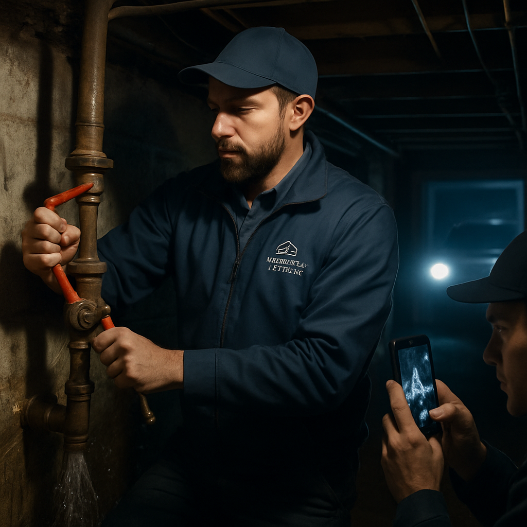 Photo realistic night scene of a Portland plumber under truck lights closing a water main valve inside a residential basement, technician photographing the leak with a smartphone, visible company logo on jacket, professional mood